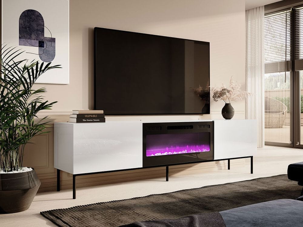 Veneti TV stolík s elektrickým krbom TOKA - lesklý biely / čierny